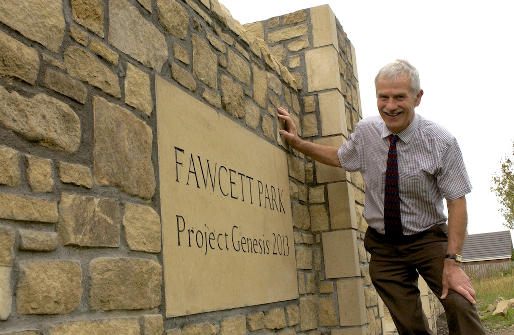 Councillor Alex Watson OBE, inspects the newly constructed gateway to Fawcett Park in Consett.